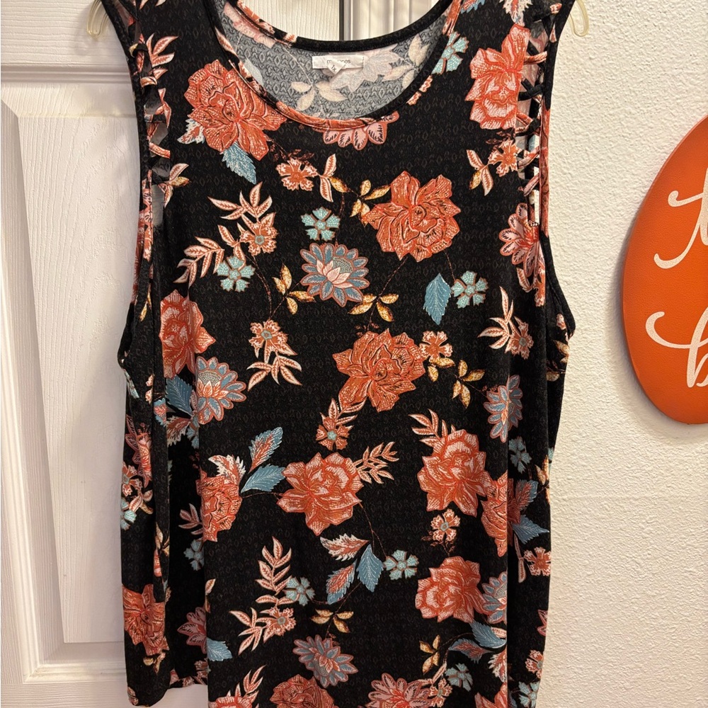 Floral Sleeveless Top - Black and Coral